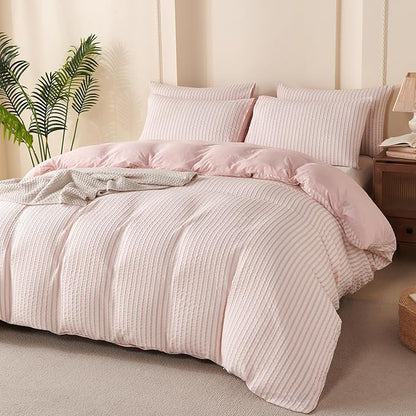 Comforter King Set Pink Striped Soft Luxury Washed Microfiber Jacquard 3 Pieces Bedding, White Pink Vertical Ticking Stripes Pattern Comforter with 2 Pillowcases Breathable Durable Comfy
