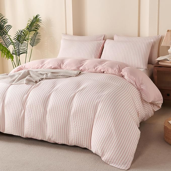 Striped Comforter Set Queen Pink Soft Luxury Washed Microfiber Jacquard 3 Pieces Bedding Set, White Pink Vertical Ticking Stripes Pattern Comforter with 2 Pillowcases Breathable Durable Comfy