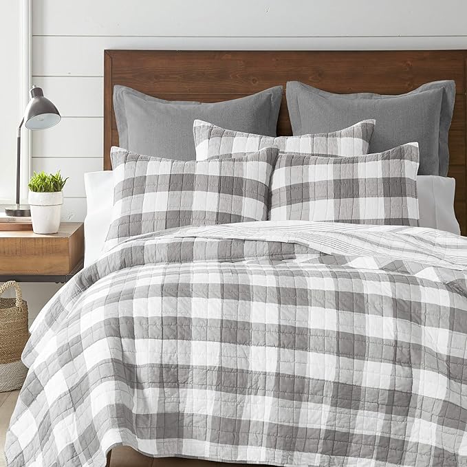 Levtex Home - Camden Bedspread Set - Full (96 x 110 in.) + Two Standard Pillow Shams (26 x20 in.) - Buffalo Check in Grey and Cream - Reversible Pattern - Cotton