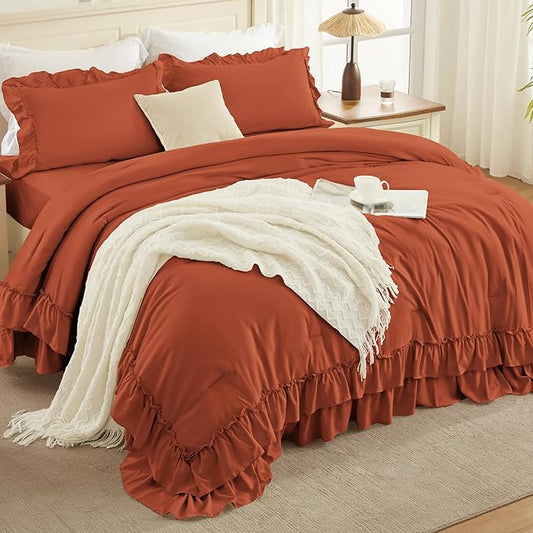 Andency Terracotta Twin Size Comforter Set, 2 Pieces Lightweight Fluffy Ruffle Bedding Set for Dorm, All Season Soft Farmhouse Shabby Chic Bed Set for Kids (66x90In), Burnt Orange