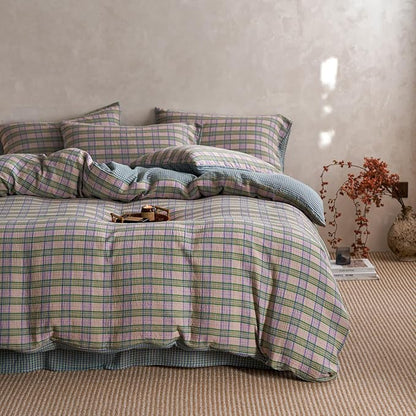 EAVD Vintage Style Pastel Pink Plaid Duvet Cover Set King Soft 100% Cotton Muslin Retro Green&Purple Grid Plaid Bedding Set with 2 Pillowcases Aesthetic Gingham Duvet Cover with Zipper Closure