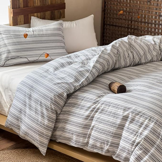 EAVD Retro Grey White Striped Duvet Cover Queen Soft 100% Washed Cotton Reversible Striped Bedding Set with 2 Pillowcases Farmhouse Geometric Pattern Duvet Cover with Zipper Closure