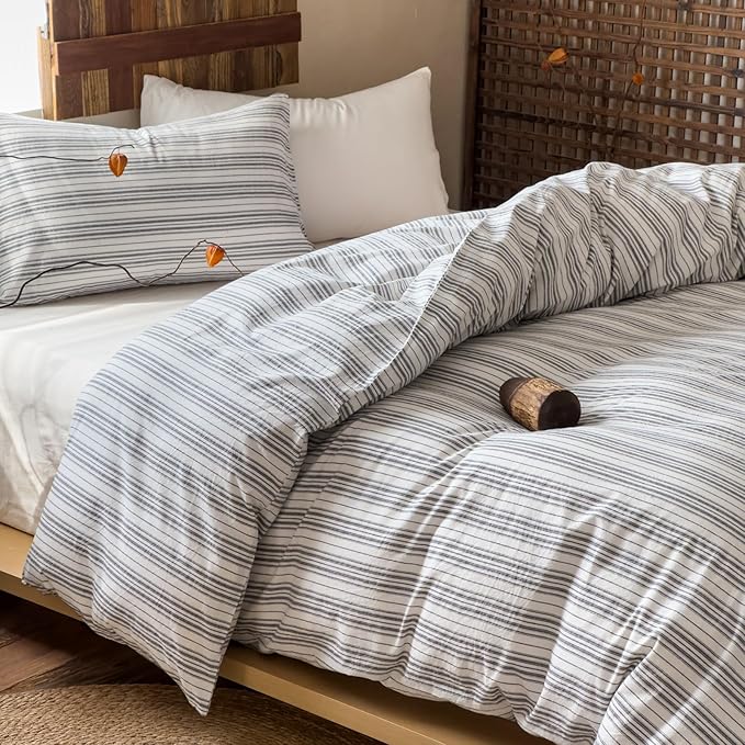 EAVD Retro Grey White Striped Duvet Cover Full Soft 100% Washed Cotton Reversible Striped Bedding Set with 2 Pillowcases Farmhouse Geometric Pattern Duvet Cover with Zipper Closure
