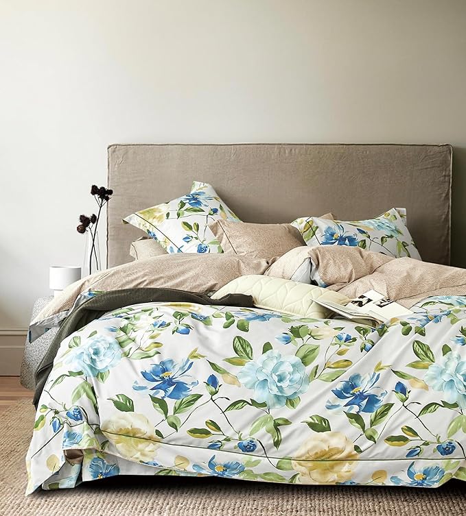 SLEEPBELLA Duvet Cover King, 600 Thread Count Cotton 3pcs Bedding Set Blue Flowers and Green Leaves Printed on White Reversible Comforter Cover