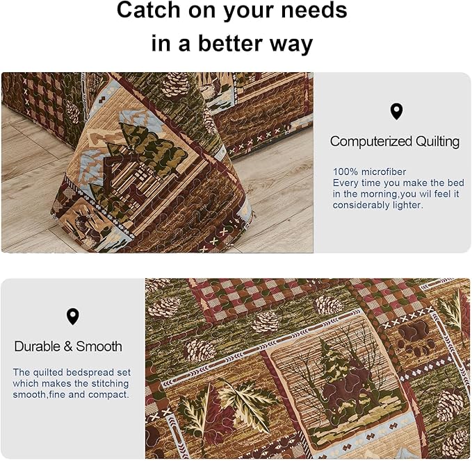 Moose Bear Quilt Set Twin Size Rustic Cabin Bedding Set Plaid Reversible Quilts Home Lodge Bedspread Coverlet Wildlife Bears Pine Tree Bedding Woodland Plaid Patchwork Quilted Bed Spread Country Decor