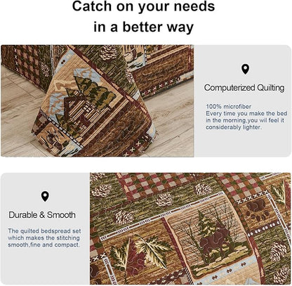 Moose Bear Quilt Set King Size Rustic Cabin Bedding Set Plaid Reversible Quilts Home Lodge Bedspread Coverlet Wildlife Bears Pine Tree Bedding Woodland Plaid Patchwork Quilted Bed Spread Country Decor