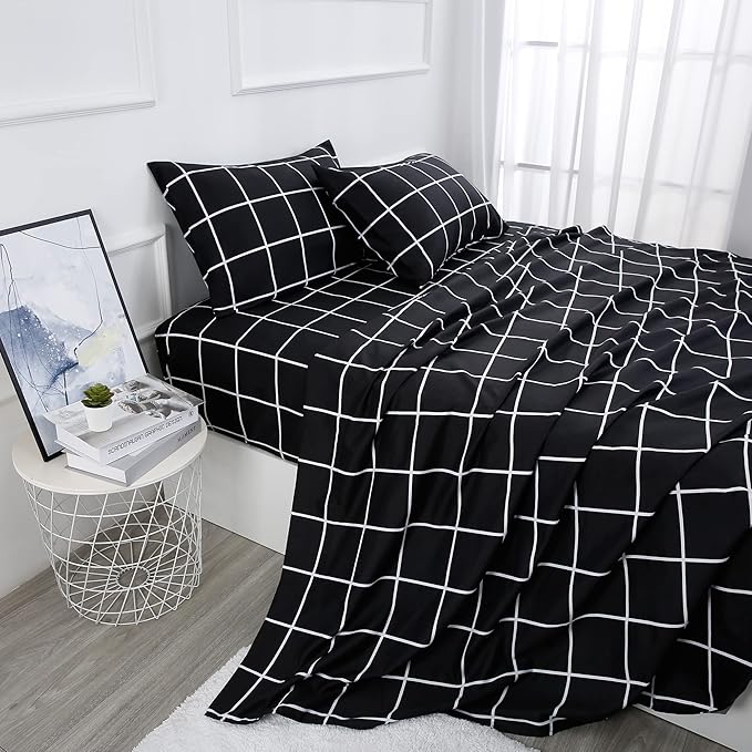 Best Season Bed Sheet Set 4 Pieces -Queen Size-Soft Durable Microfiber Bedding Sheet Set,Deep Pocket,Stain,Fade & Wrinkle Resistant (Plaid Black)