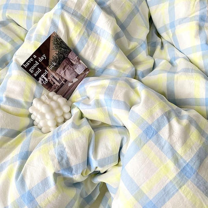 EAVD Buffalo Plaid Duvet Cover Twin Soft Washed Cotton Bedding Set Yellow Blue Grid Checkered Bedding Set with 2 Pillowcases Vintage Style Gingham Duvet Cover with Zipper Closure