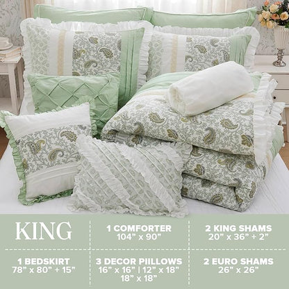 Madison Park King Comforter Set Cottage Cotton Comforter for King Size Bed, All Season, Lightweight King Cotton Bedding Include Shams, Bedskirt & Décor Pillows, Dawn, King Sage Green 9 Piece