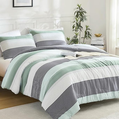 Litanika Queen Comforter Set Sage Green - 3 Pieces Lightweight Quilt Bedding Comforter Sets, Light Green White Colorblock Stripe Fluffy Bed Set, All Season Down Alternative