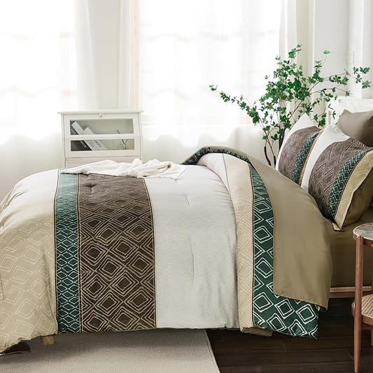 Dinjoy Queen Comforter Set Khaki Boho,7 Piece Bed in a Bag Queen Size Warm Striped Bedding Sets Comforters with Plaid Light Brown Bed Set with Sheets for Women Fall Winter