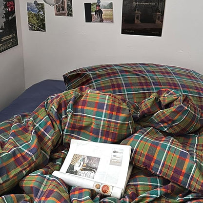 mixinni Buffalo Plaid Duvet Cover King Size - 100% Washed Cotton 3-Piece Bedding Set for All Seasons, Retro Grid Design, Soft Breathable Comforter Cover with Zipper Ties for Men, Women-King Size