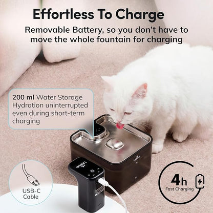 Cat Water Fountain Cordless, 88oz/2.6L Wireless Pet Water Fountain for Cats Indoor, Battery Operated Cat Drinking Fountain with Motion Sensor, Ultra Quiet Pump, BPA-Free, Black