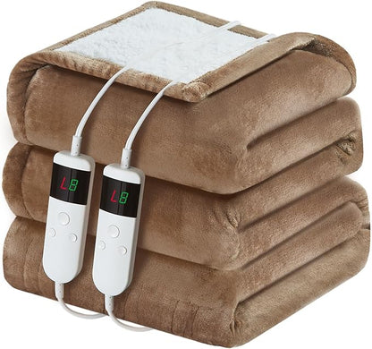 Electric Heated Blanket Queen Size 84''x90'' Soft Flannel & Sherpa Electric Blanket with 10 Heating Levels, Automatically Shut Down After 8h with Overheat Protection Machine Washable