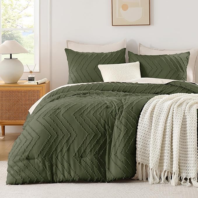 Andency Olive Green Oversized Super King Comforter Set 120x120, Extra Large King Size Comforter Oversize Boho Soft Warm Bedding Comforter Sets, 3 Pieces Aesthetic Chevron Textured Bedding Set