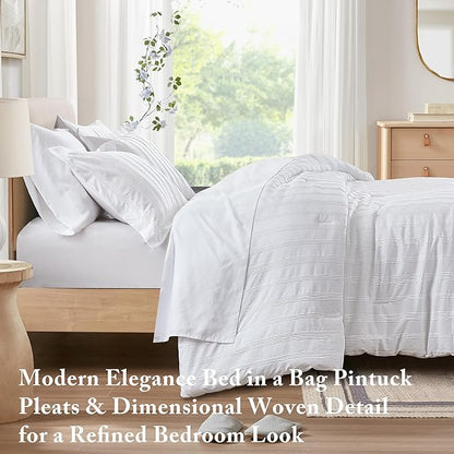 Madison Park Essentials Striped Comforter Set Cal King, 7 Pieces Modern Minimalist Jacquard Bedding Set for All Season, Bed in A Bag with Sheet Set and Soft Brushed Reverse, Lightweight White