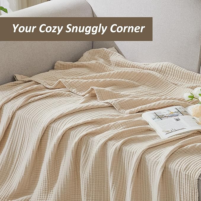 EMME Cotton Muslin Large Throw Blanket Couch Breathable Gauze Soft Lightweight Bed Blankets Adults (Heather Beige, 50"x70")