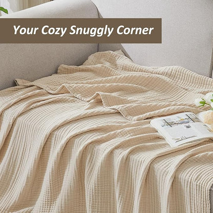 EMME Cotton Muslin Queen Blanket Bed Layering Bedspread Coverlet Breathable Gauze Soft Lightweight Blankets (Heather Beige, 90"x90")