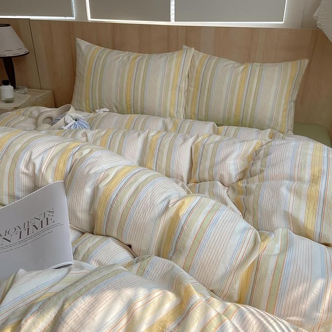 EAVD Retro Striped Duvet Cover Twin Soft Washed Cotton Bedding Set 3-Piece Colorful Pinstriped Bedding Set with 2 Pillowcases Modern Farmhouse Geometric Duvet Cover with Zipper Closure