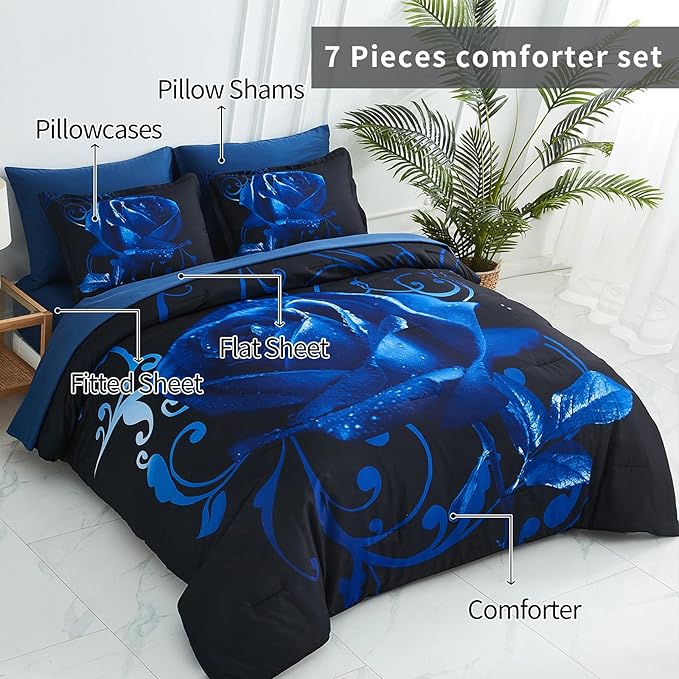 Xruibed Blue Comforter Set Queen 7 Piece Bed in a Bag Blue Rose Comforter with Sheet Set Soft Micorfiber Reversible Bedding Set (1 Comforter,2 Pillow Shams,1 Flat Sheet,1 Fitted Sheet,2 Pillowcases)