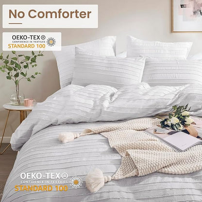 NEXHOME PRO Duvet Cover Queen,Light Grey 3 Pieces Boho Tufted Duvet Cover Set, Soft and Lightweight 100% Washed Microfiber Comforter Cover Set for All Season(Light Grey Queen, 90 x 90)-No Comforter