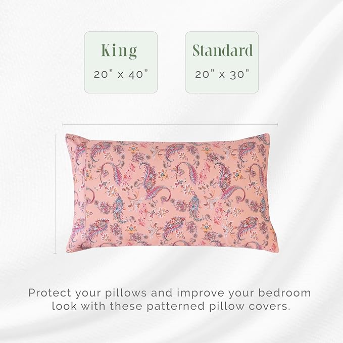 Elegant Comfort Ultra Soft Set of 2 Floral Print Pillowcases - 1500 Premium Hotel Quality Microfiber, Soft and Smooth Envelope Closure 2-Piece Pillow Covers - Standard/Queen, Paisley Coral