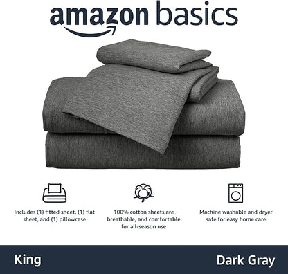 Amazon Basics 4 Piece Breathable 100% Cotton Jersey Bed Sheets Set, Machine Washable, Stretchy Flat and Fitted Sheets, Pillowcase, King, Dark Gray, Solid