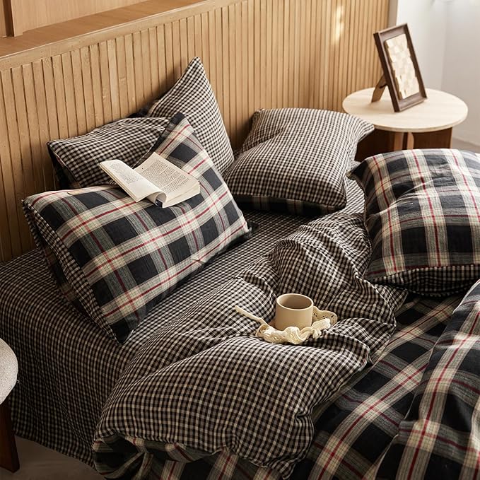 EAVD Vintage Red&Black Plaid Duvet Cover King Soft 100% Cotton Muslin Gauze Red Green Black Grid Checkered Bedding Set with 2 Pillowcases Reversible Gingham Duvet Cover with Zipper Closure