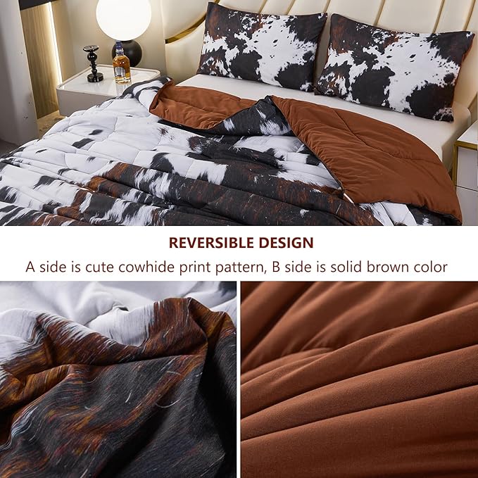 PERFEMET Black King Size Comforter Set 3 Pieces Cow Print Bedding Set Western Farmhouse Rustic Bed Comforter Animal Cowhide Quilt Set for Bedroom Decoration