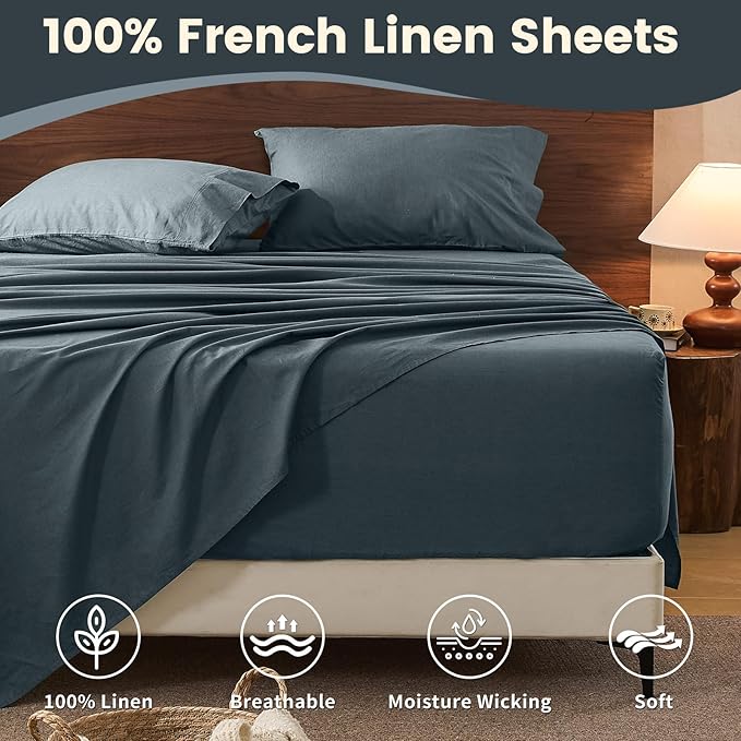 100% Linen Sheet Set Queen Size Extra Deep Pocket Fits 18-24 Inch Mattress, Breathable & Soft, Smooth 4-Piece Set for Thick Mattresses Hotel Luxury Bedding（Queen, Navy Grey）