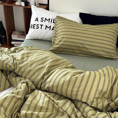 mixinni Vintage Mid-Century Striped Comforter Set Full - 3 Pieces 1 Fluffy Comforter&2 Pillowcases, Olive Green & Dark Brown Retro Striped Bed Set, All Season Lightweight & Breathable-Full Size