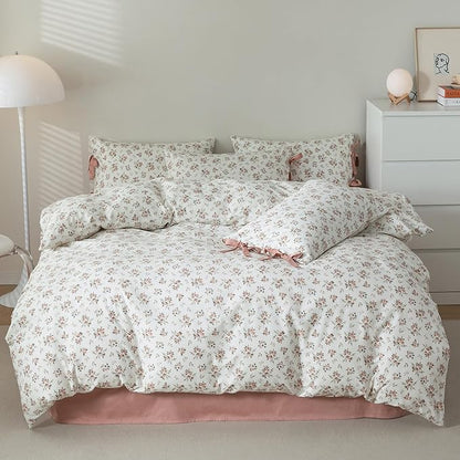 HighBuy Bohemian King Bed Comforter Set Pink Floral Bedding Sets 3 Piece with 2 Bowknot Bow Tie Pillowcases Flowers French Country Style King Comforter Set,Soft Lightweight