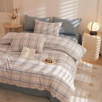 HighBuy Gingham Comforter Set King Blue Pink Grid Plaid Comforter Set Soft Fluffy Checkered Pattern Comforter with 2 Pillowcases for Women Girls Farmhouse Gingham Grid Bedding Comforter Set