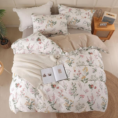 OAITE Duvet Cover Queen Size - 100% Cotton Comforter Cover Floral Duvet Cover Sets 3-PC, Breathable Duvet Cover with Zipper Closure & Corner Ties