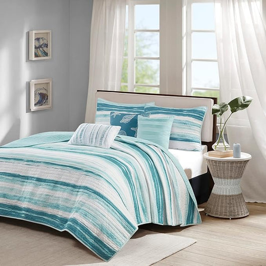 Madison Park Quilt Set Cottage Coastal Design, 6 Piece Set - All Season, Coverlet Bedspread Lightweight Bedding Layer, Shams, Toss Pillows, Full/Queen(90 in x 90 in), Aqua/White