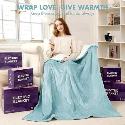 Electric Blanket Heated Throw 50" x 60" - Soft Flannel Sherpa Heating Blanket with 5 Heating Levels & 4 Hours Auto Off, Heated Lap Blanket as a Gift for Grandma, Machine Washable (Blue)