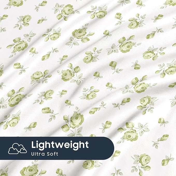 Wake In Cloud - Coquette Duvet Cover Set, Floral Cottagecore Flower Shabby Chic Cute Aesthetic, Soft Lightweight Bedding for Women Teen Girls, 3-Piece, White Green, Queen Size