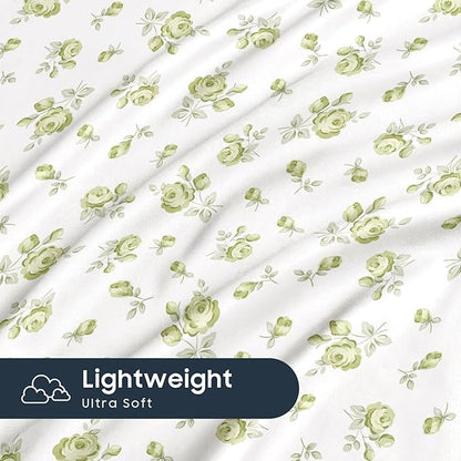 Wake In Cloud - Coquette Duvet Cover Set, Floral Cottagecore Flower Shabby Chic Cute Aesthetic, Soft Lightweight Bedding for Women Teen Girls, 3-Piece, White Green, Queen Size