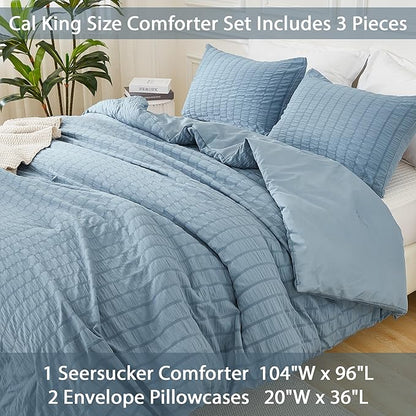 AveLom Grayish Blue Seersucker California King Comforter Set (104x96 inches), 3 Pieces-100% Soft Washed Microfiber Lightweight Comforter with 2 Pillowcases, All Season Down Alternative Bedding Set