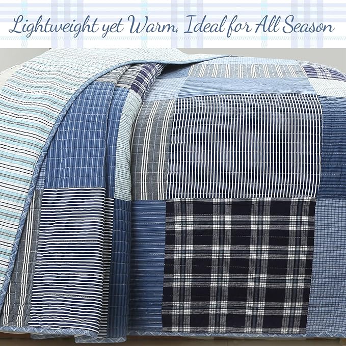 Cozy Line Home Fashions Plaid Patchwork Bedding Quilt Set, Navy Blue 100% Cotton Reversible Coverlet Bedspread for Kids Teen Boy (Craver, Twin - 2 Piece)