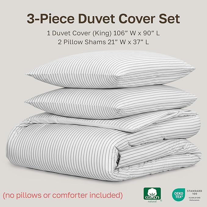 California Design Den Printed 100% Cotton King Duvet Cover Set - 400 Thread Count Sateen, Printed Bedding Set with Button Closure and Corner Ties (3 Piece, Pinstripe Print)