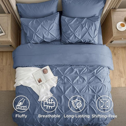 Bedsure Twin XL Comforter Set - Extra Long 5 Pieces Dorm Bedding Sets, GentleSoft™ Pinch Pleat Slate Blue Bed in a Bag with Pintuck Comforter, Sheets, Pillowcase & Sham