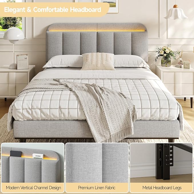 Adjustable Headboard for Full/Queen Size Bed Frame, Linen Fabric Bed Headboard with Storage & RGB LED Light in Modern Vertical Channel Design, Light Grey