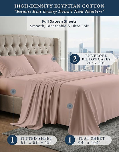 LANE LINEN Luxury 100% Egyptian Cotton Bed Sheets Full Size, Fully Elasticized Reinforced 15 Inch Extra Deep Pocket Full Sheets, Soft & Comfy Sateen Weave for Silky Finish - Sepia Rose