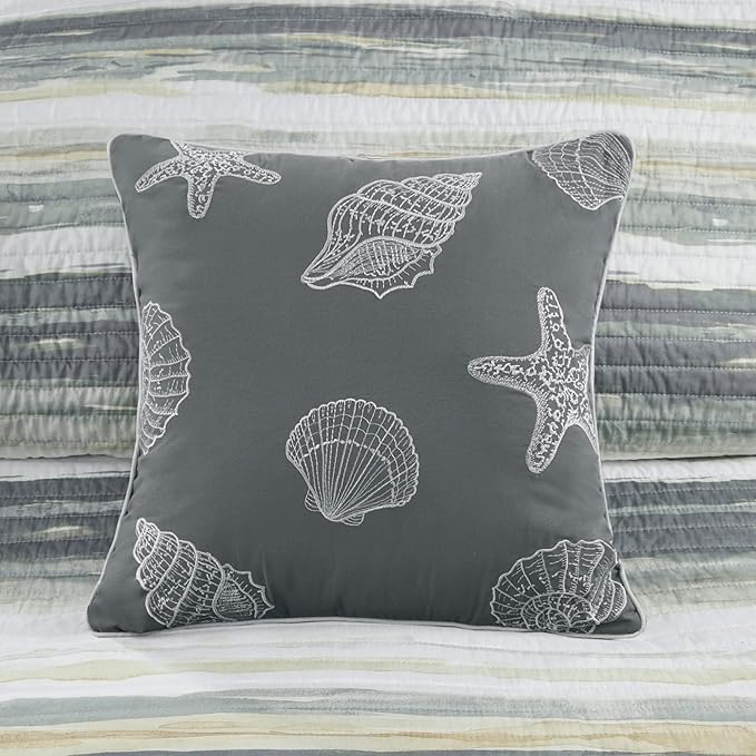 Madison Park Quilt Set Cottage Coastal Design, 6 Piece Set - All Season, Coverlet Bedspread Lightweight Bedding Layer, Shams, Toss Pillows, Full/Queen(90 in x 90 in), Yellow/Grey