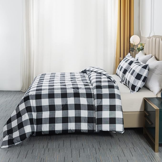 Caressma Buffalo Plaid Comforter Set King, Black White Grid Plaid Comforter Bedding Set for All Seasons, Classic Gingham Pattern Print Soft Microfiber 3 Pieces Comforter with Pillowcases