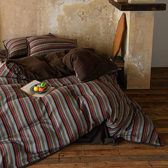 VM VOUGEMARKET Vintage Striped Double Layer Gauze Duvet Cover Set Queen,Boho Multicolor Stripes Bedding Set,Soft Breathable Muslin Cotton Comforter Cover for Cottagecore Cozy Cabin Bedroom Decor