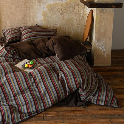 VM VOUGEMARKET Multicolor Striped Duvet Cover Set King, 100% Cotton Double Layer Gauze Bedding Set,Retro Style Bohemian Striped Quilt Cover with Zipper Closure