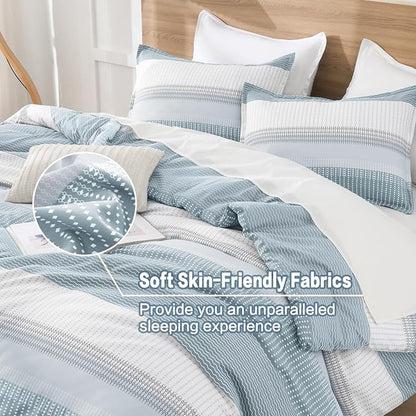 Litanika Comforter Set - Lightweight Quilt Bedding Comforter Sets, Colorblock Stripe Fluffy Bed Set, All Season Down Alternative, Queen Light Blue