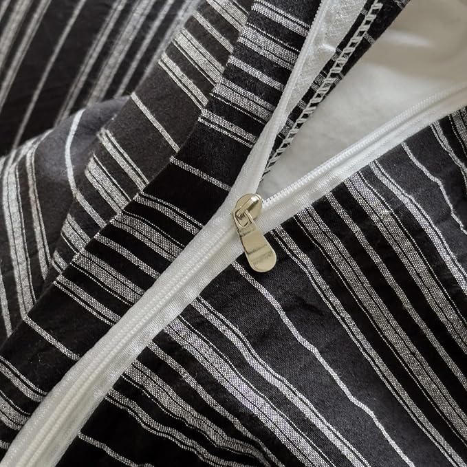 Striped Duvet Cover Queen Size Black Washed Cotton Queen Size Comforter Cover Grey Vertical Stripe Farmhouse Zipper Duvet Cover Set with Ties Soft Boho Bedding Set Minimalist Duvet Protector